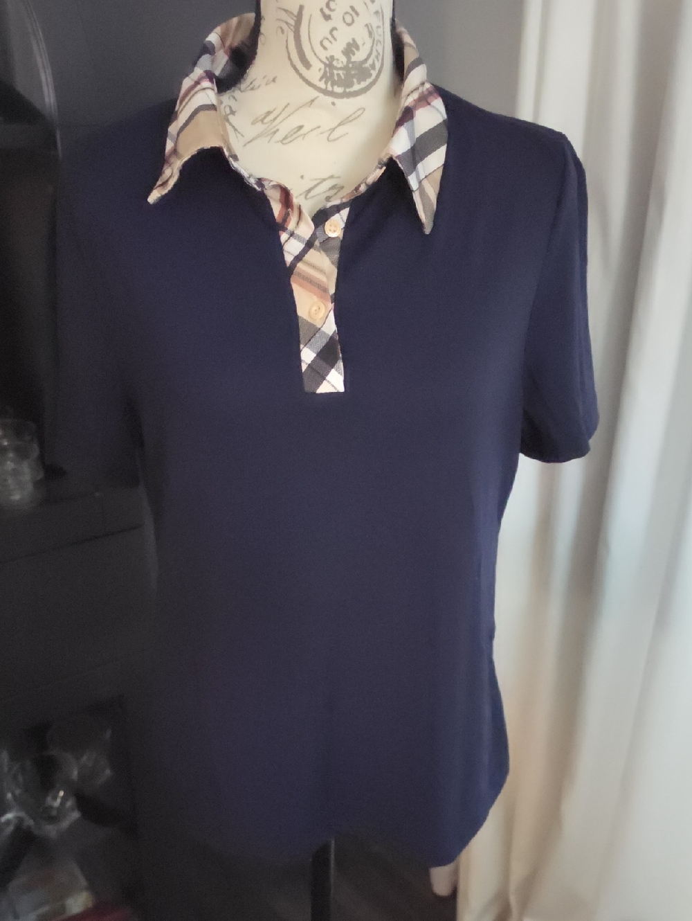 Classic Navy Polo Top with Plaid Trim